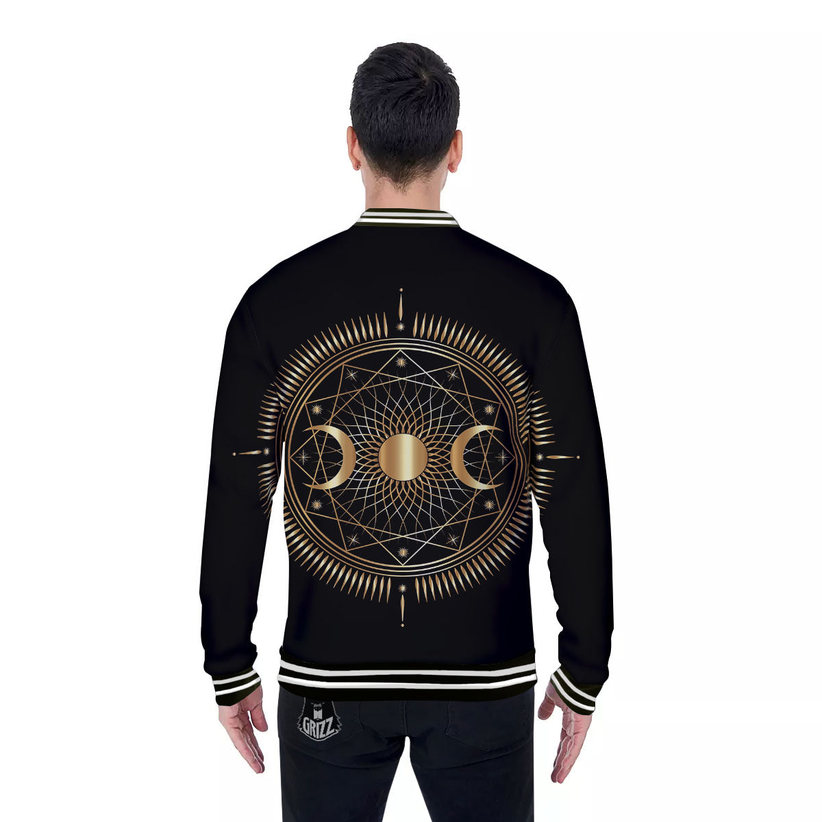 Sun And Moon Geometric Celestial Print Baseball Jacket-grizzshop
