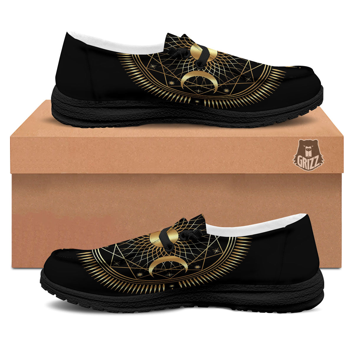 Sun And Moon Geometric Celestial Print Black Loafers-grizzshop