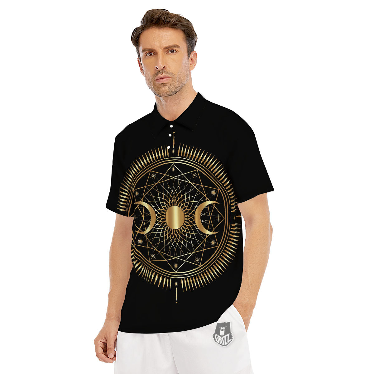 Sun And Moon Geometric Celestial Print Men's Golf Shirts-grizzshop