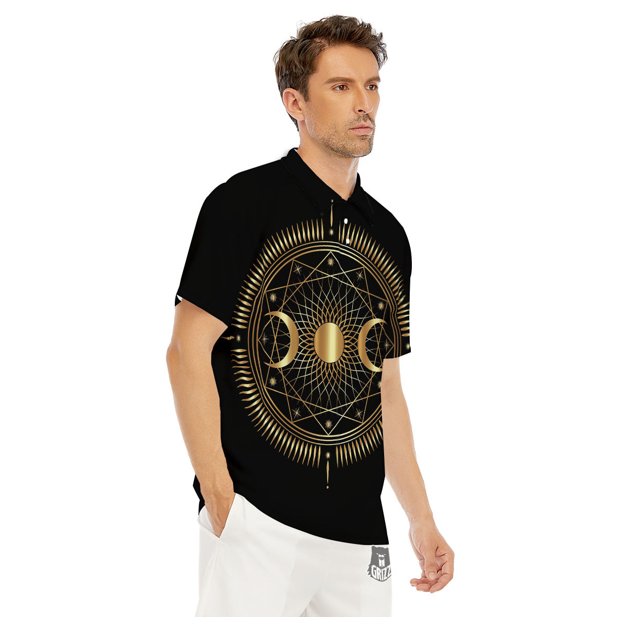 Sun And Moon Geometric Celestial Print Men's Golf Shirts-grizzshop