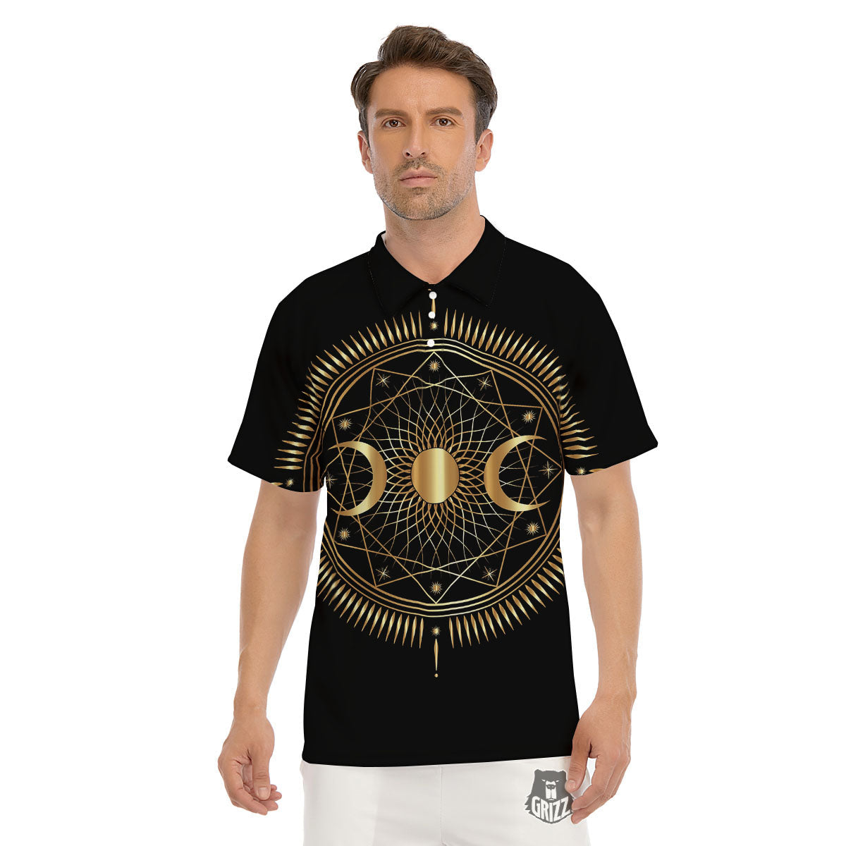 Sun And Moon Geometric Celestial Print Men's Golf Shirts-grizzshop