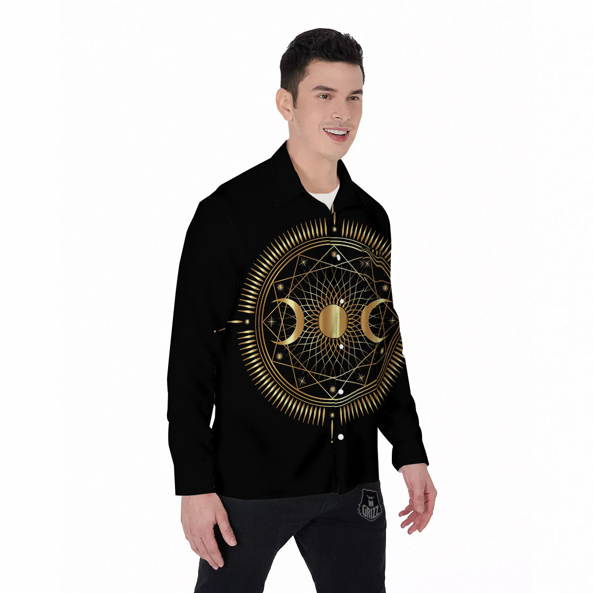 Sun And Moon Geometric Celestial Print Men's Long Sleeve Shirts-grizzshop