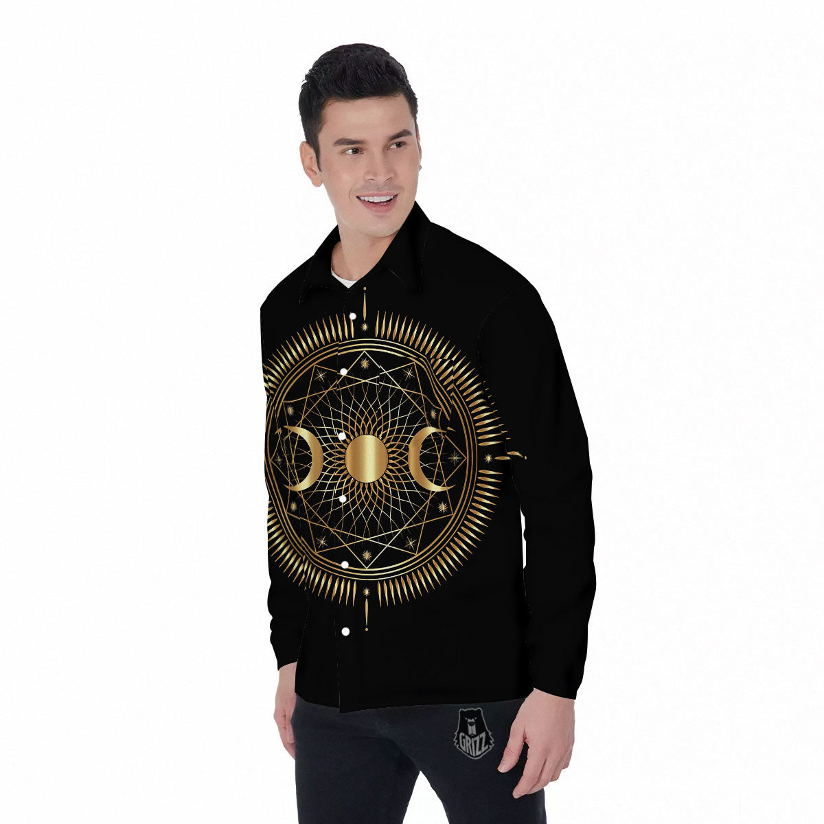 Sun And Moon Geometric Celestial Print Men's Long Sleeve Shirts-grizzshop