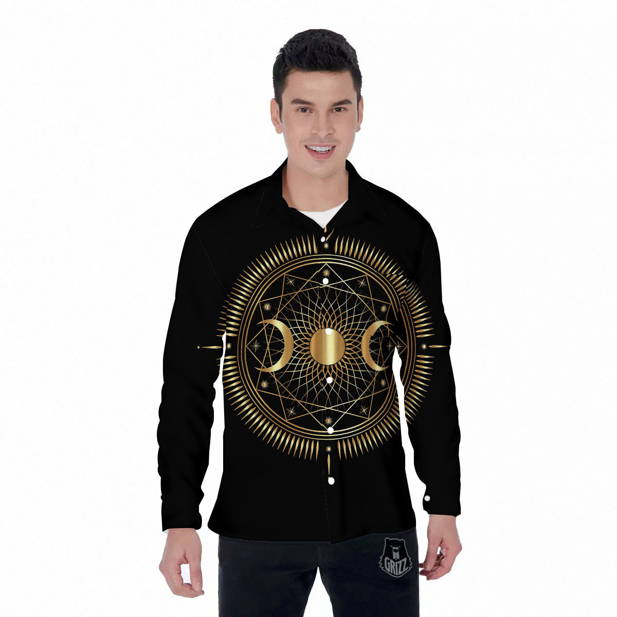 Sun And Moon Geometric Celestial Print Men's Long Sleeve Shirts-grizzshop
