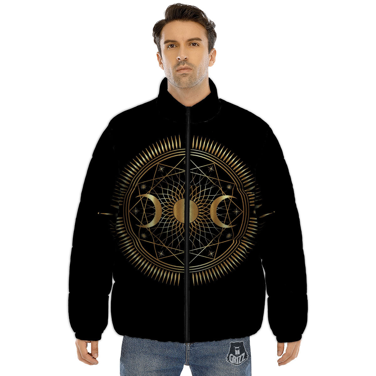 Sun And Moon Geometric Celestial Print Puffer Jacket-grizzshop