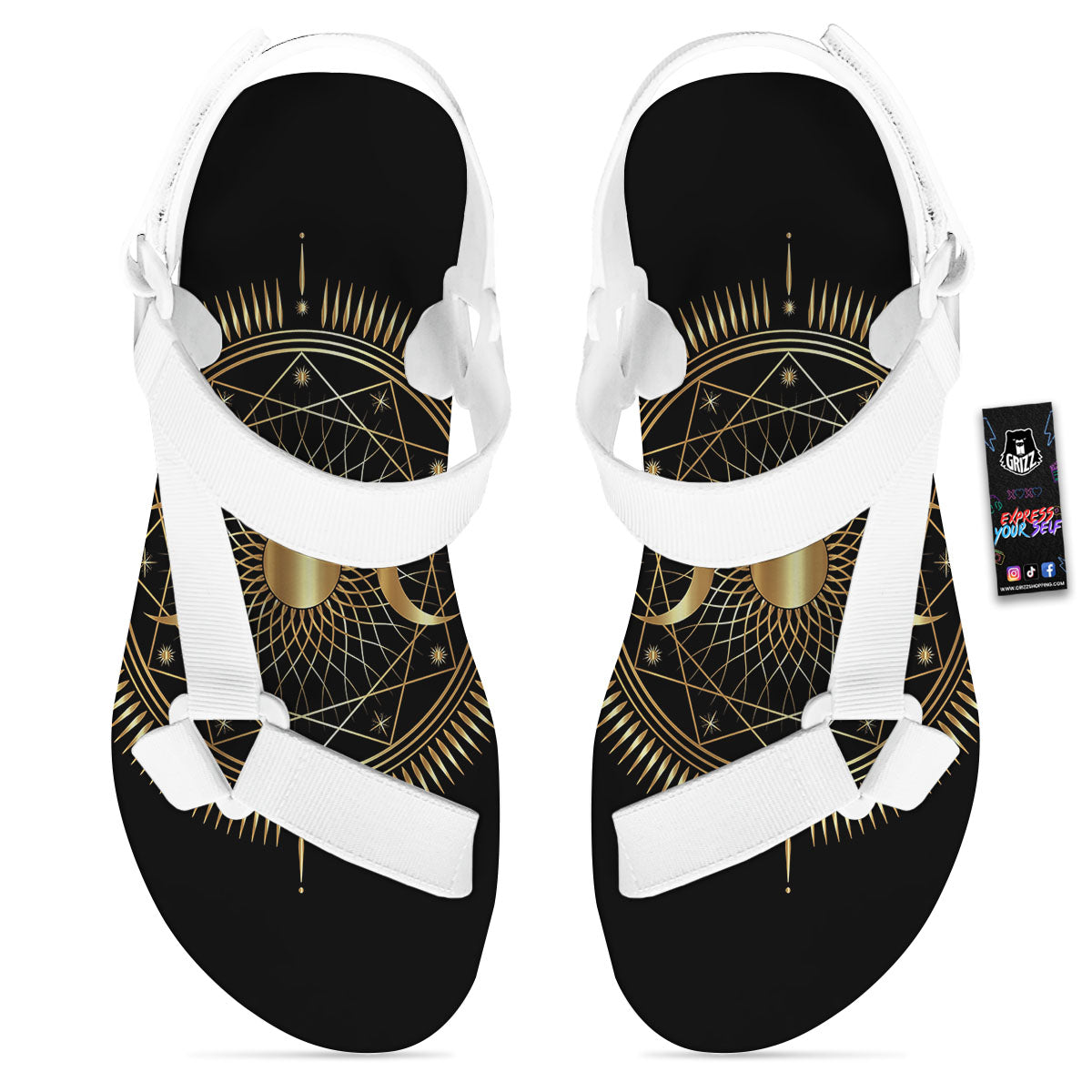 Sun And Moon Geometric Celestial Print White Open Toe Sandals-grizzshop