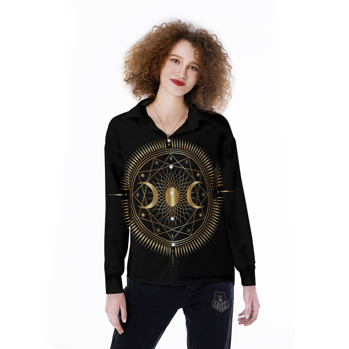 Sun And Moon Geometric Celestial Print Women's Long Sleeve Shirts-grizzshop