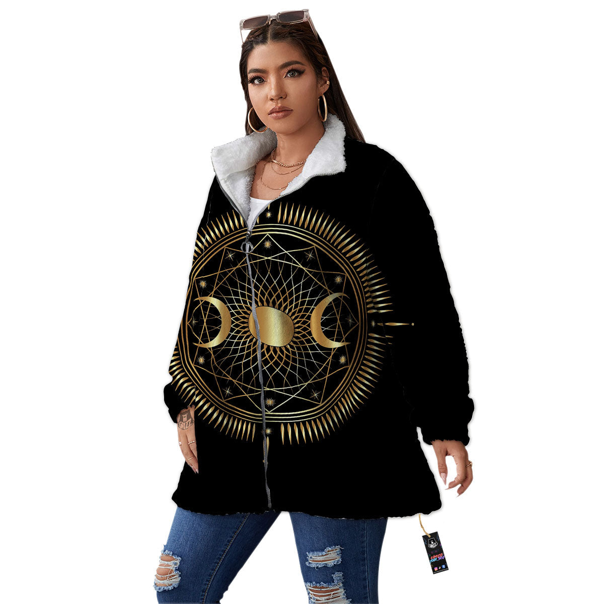 Sun And Moon Geometric Celestial Print Women's Sherpa Jacket-grizzshop