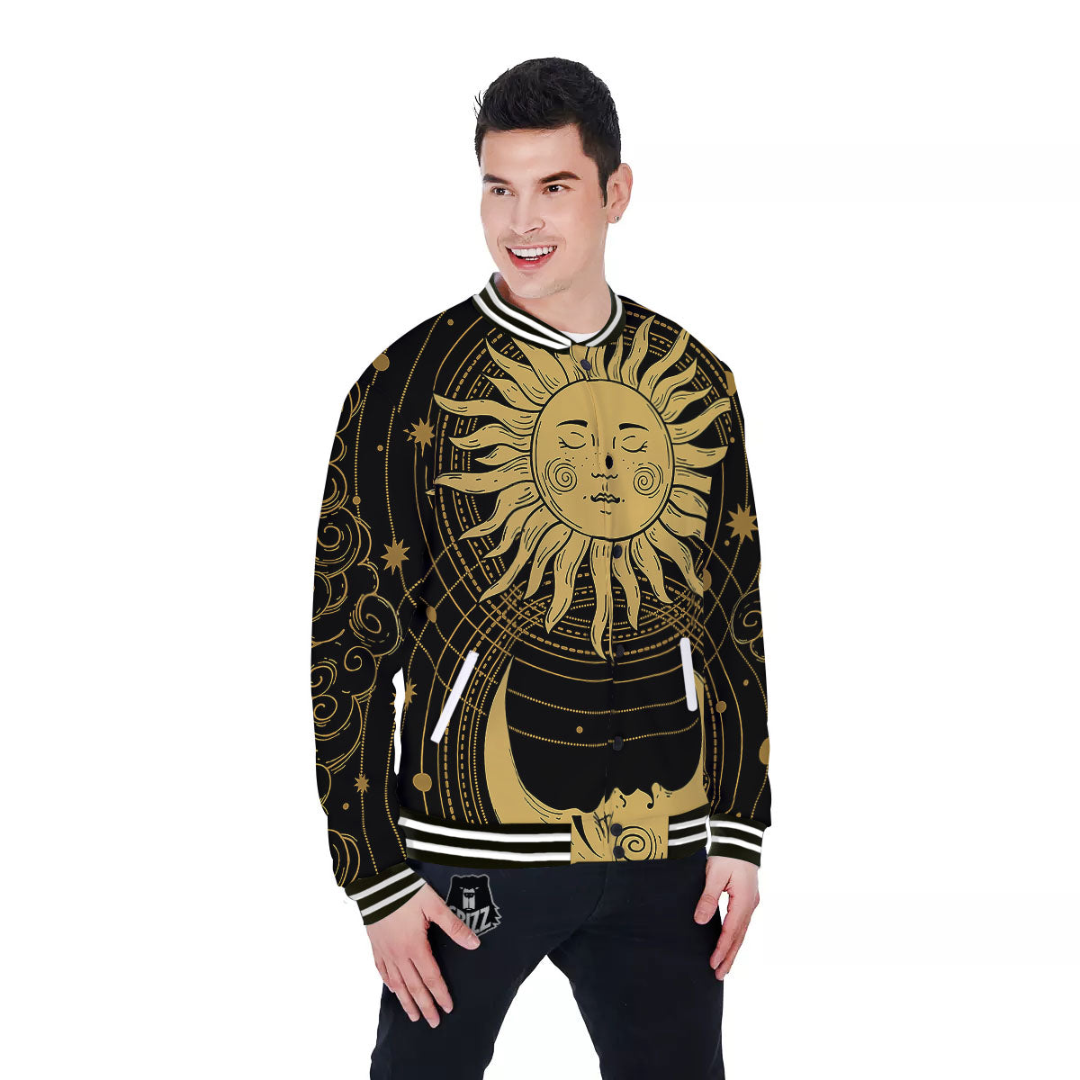 Sun And Vintage Moon Print Baseball Jacket-grizzshop