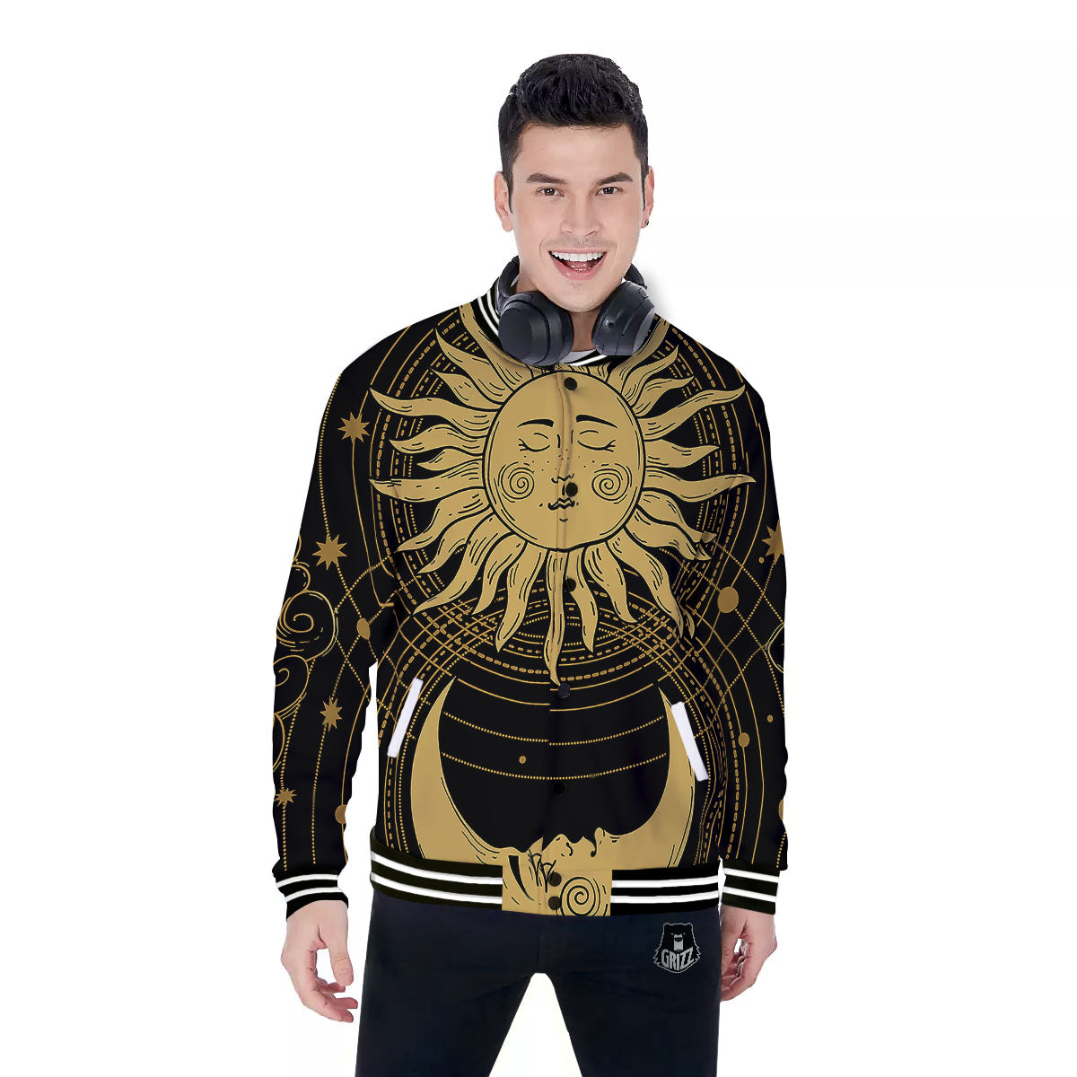 Sun And Vintage Moon Print Baseball Jacket-grizzshop