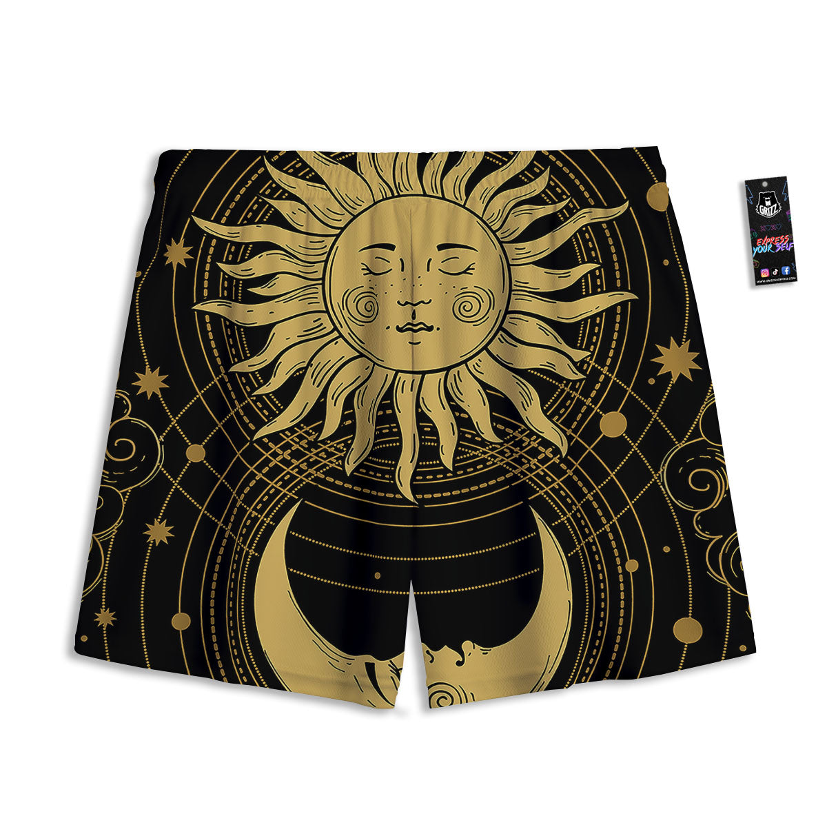 Sun And Vintage Moon Print Mesh Shorts