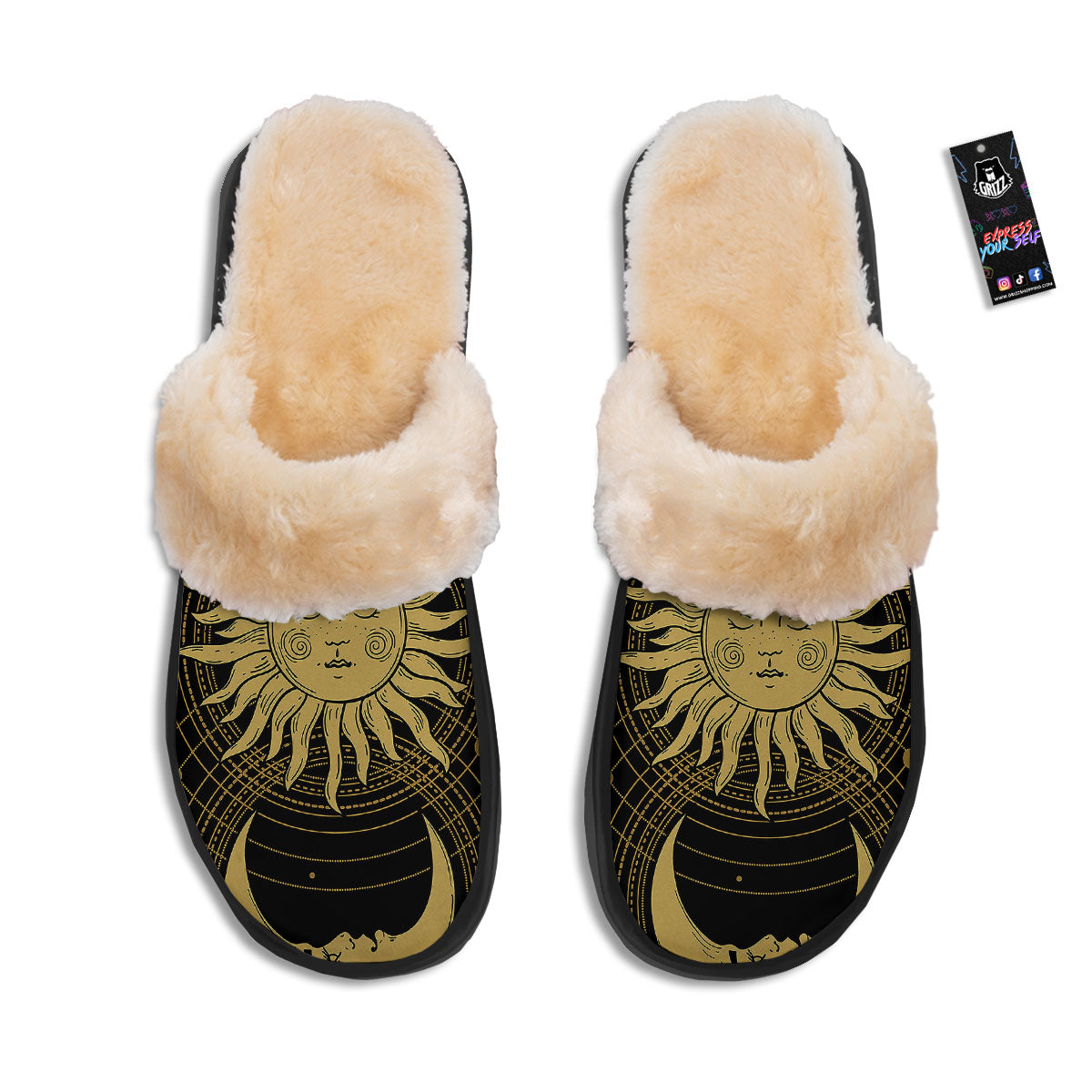 Sun And Vintage Moon Print Slippers-grizzshop