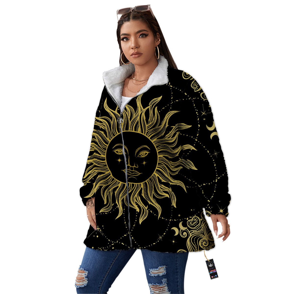 Sun Celestial Vintage Print Women's Sherpa Jacket-grizzshop