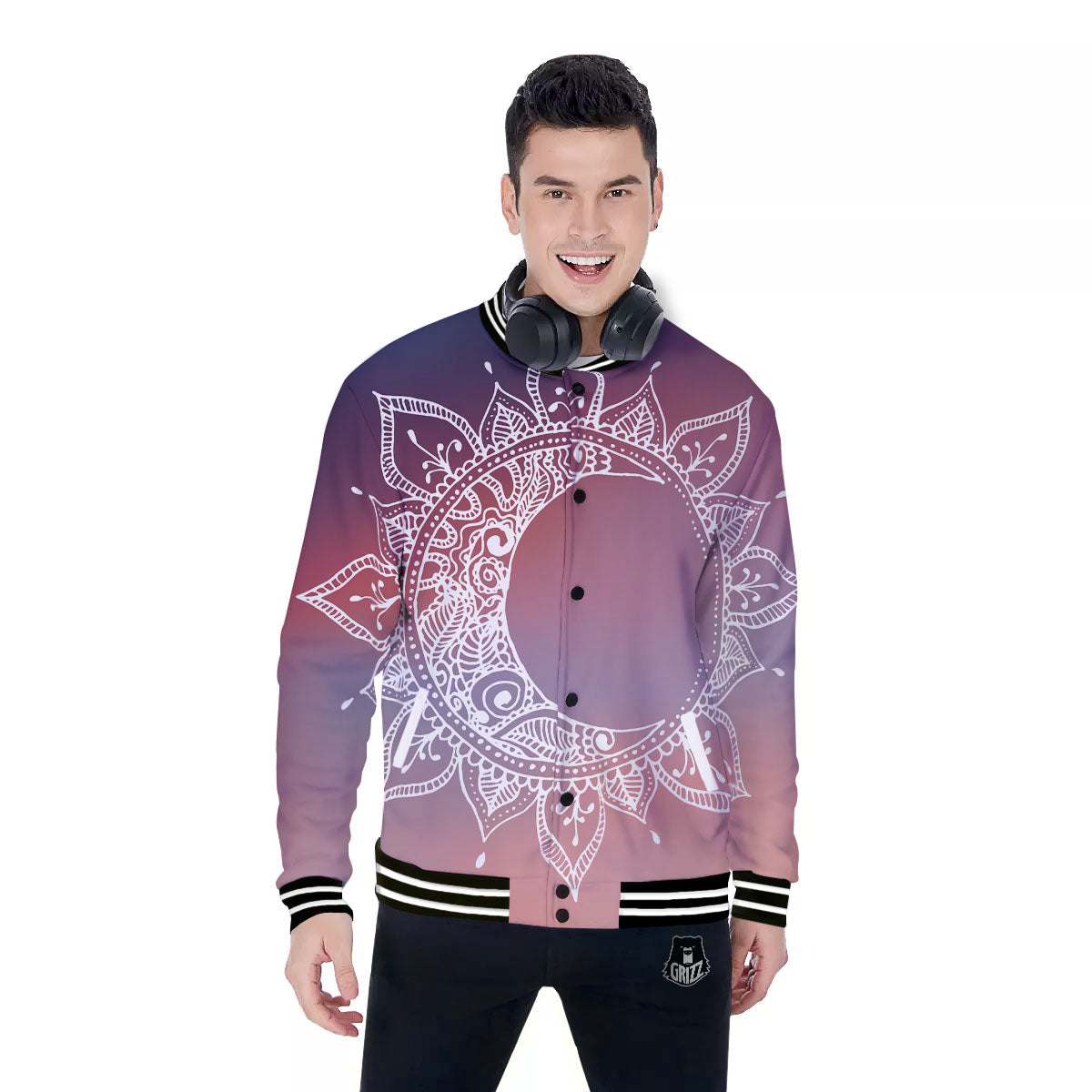 Sun Mandala Print Baseball Jacket-grizzshop