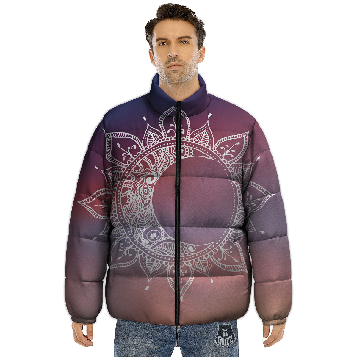 Sun Mandala Print Puffer Jacket-grizzshop