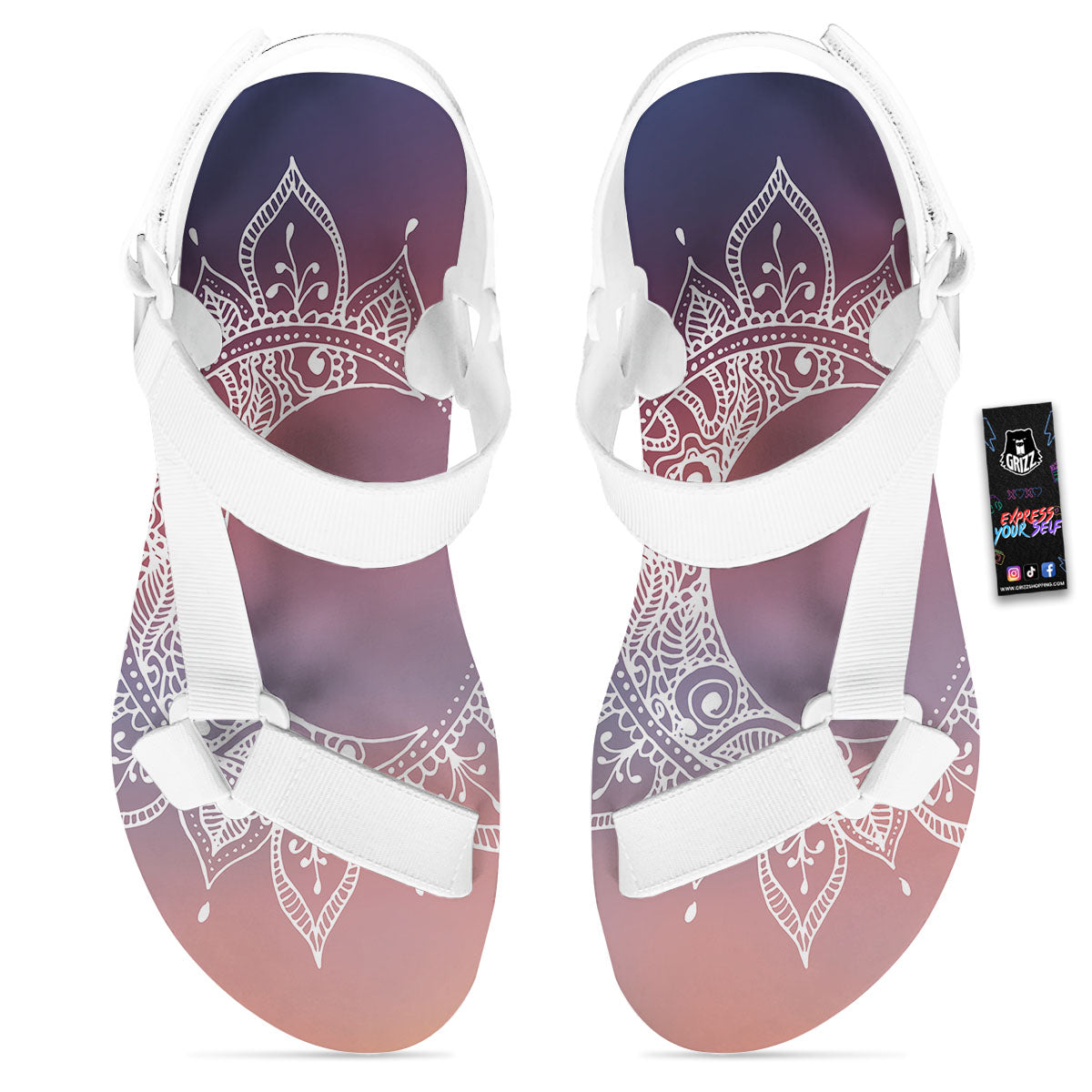 Sun Mandala Print White Open Toe Sandals-grizzshop