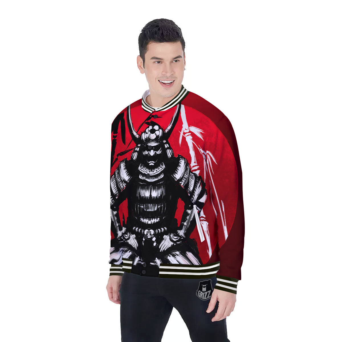 Sun Samurai Red Rising Print Baseball Jacket-grizzshop