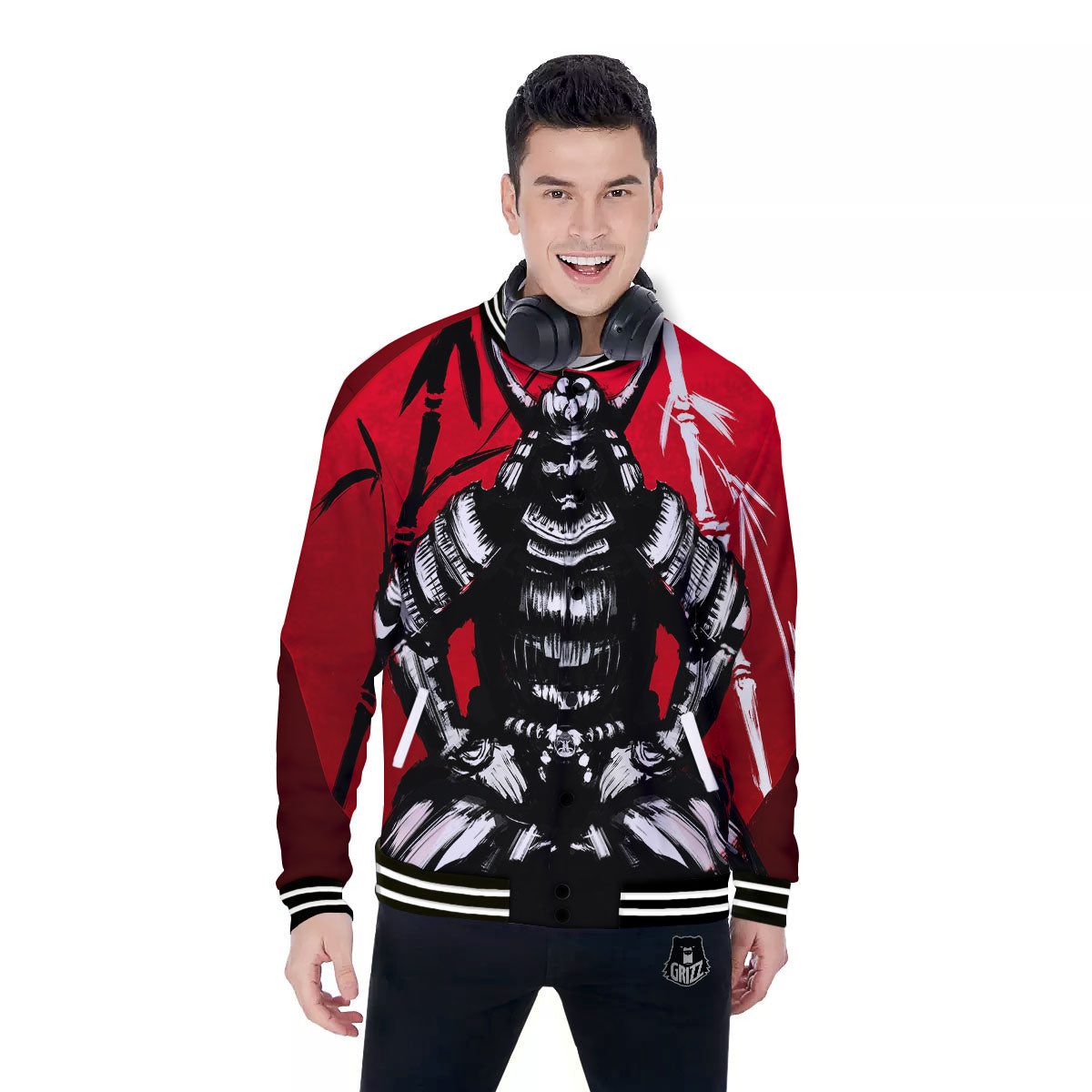 Sun Samurai Red Rising Print Baseball Jacket-grizzshop