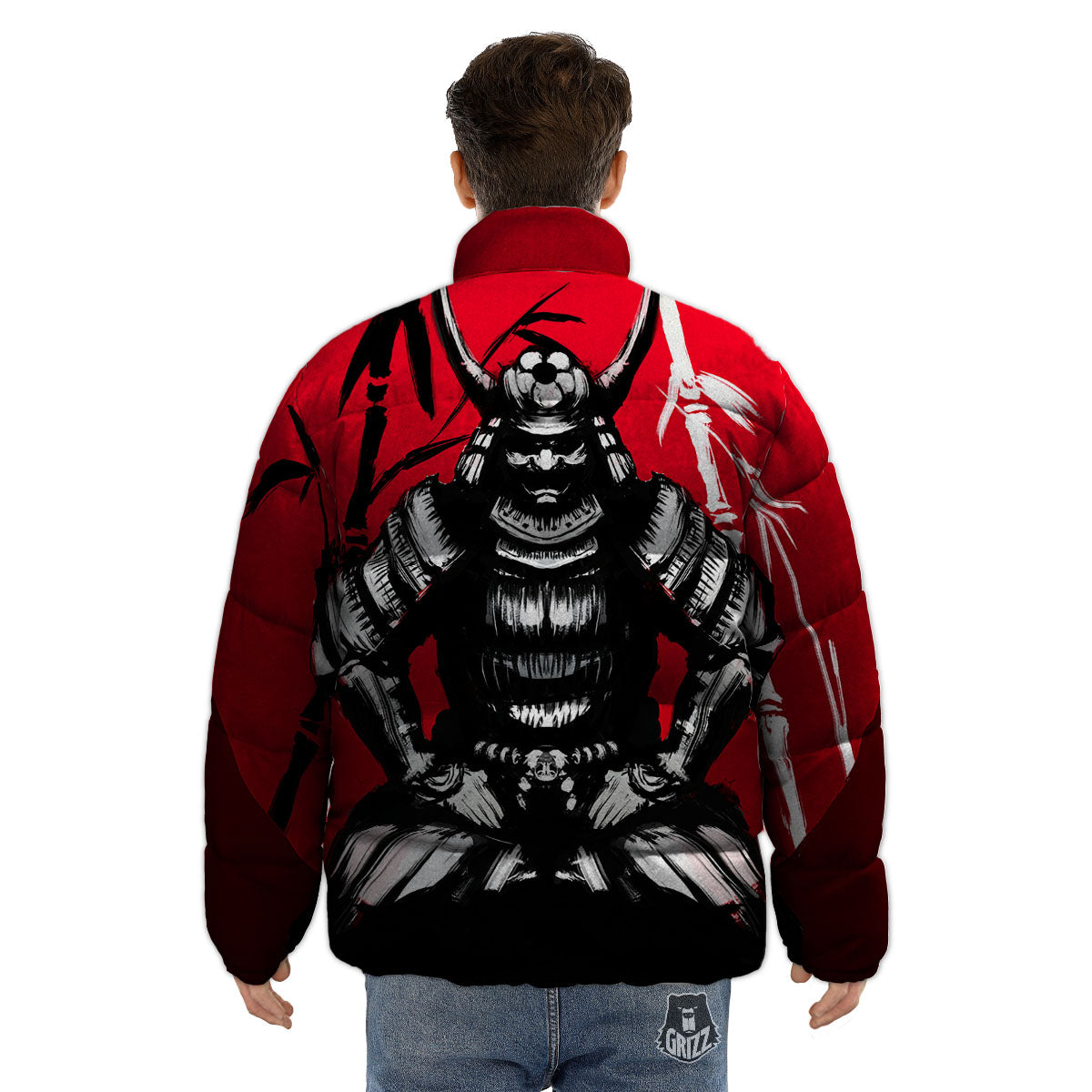 Sun Samurai Red Rising Print Puffer Jacket-grizzshop