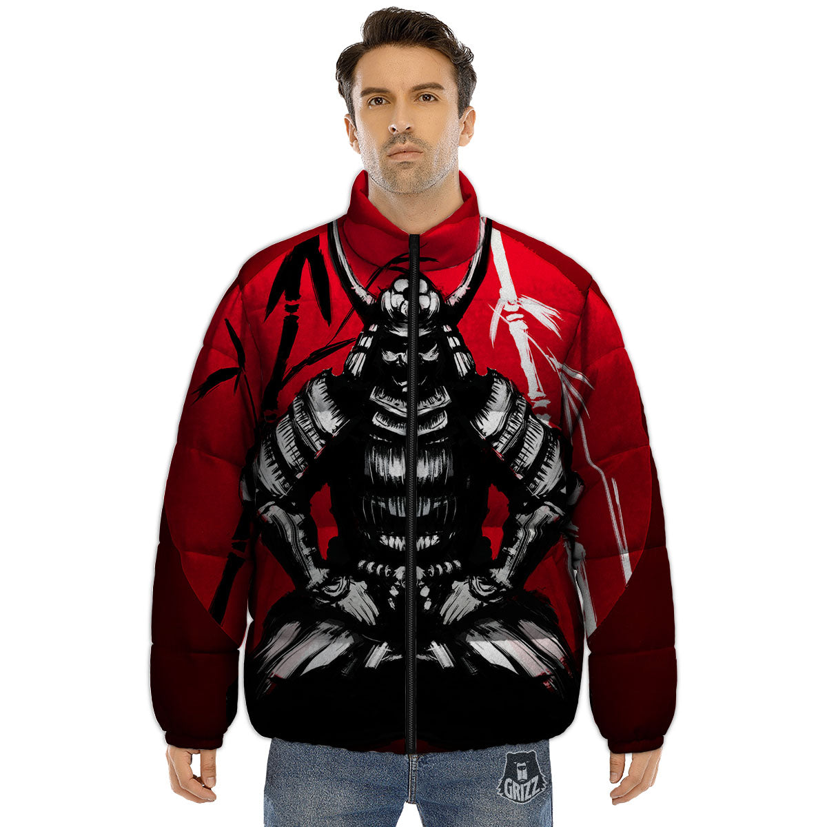 Sun Samurai Red Rising Print Puffer Jacket-grizzshop