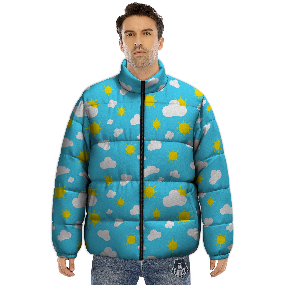 Sun Shiny Print Pattern Puffer Jacket-grizzshop