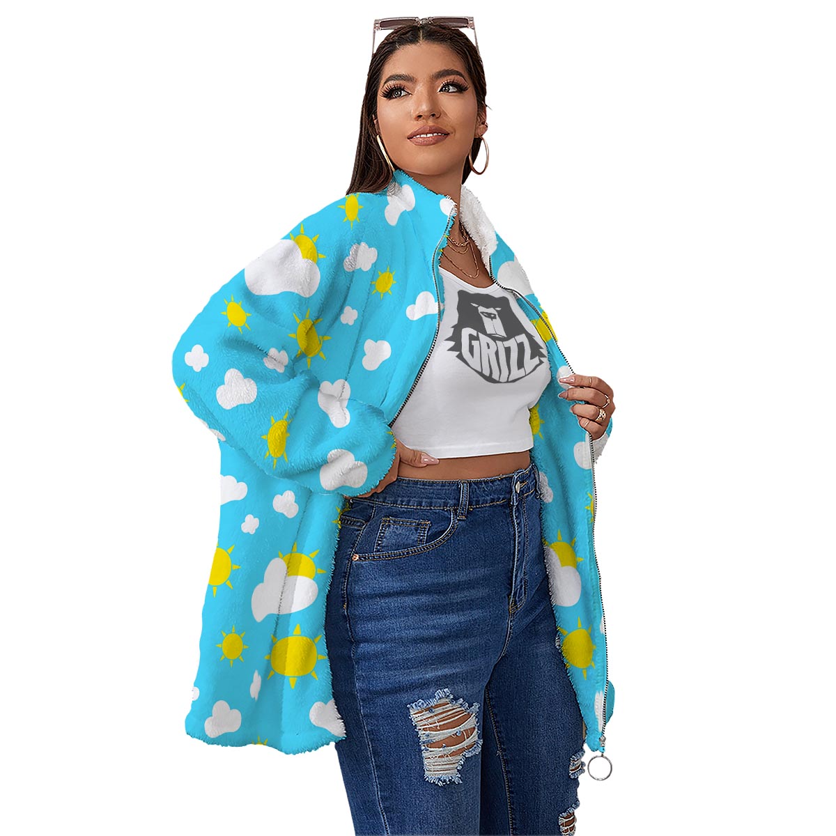 Sun Shiny Print Pattern Women's Sherpa Jacket-grizzshop