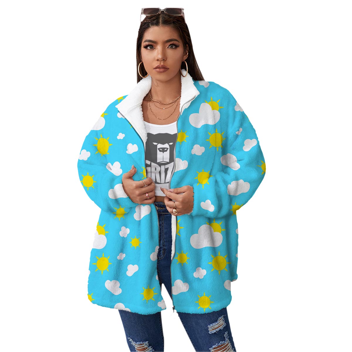 Sun Shiny Print Pattern Women's Sherpa Jacket-grizzshop