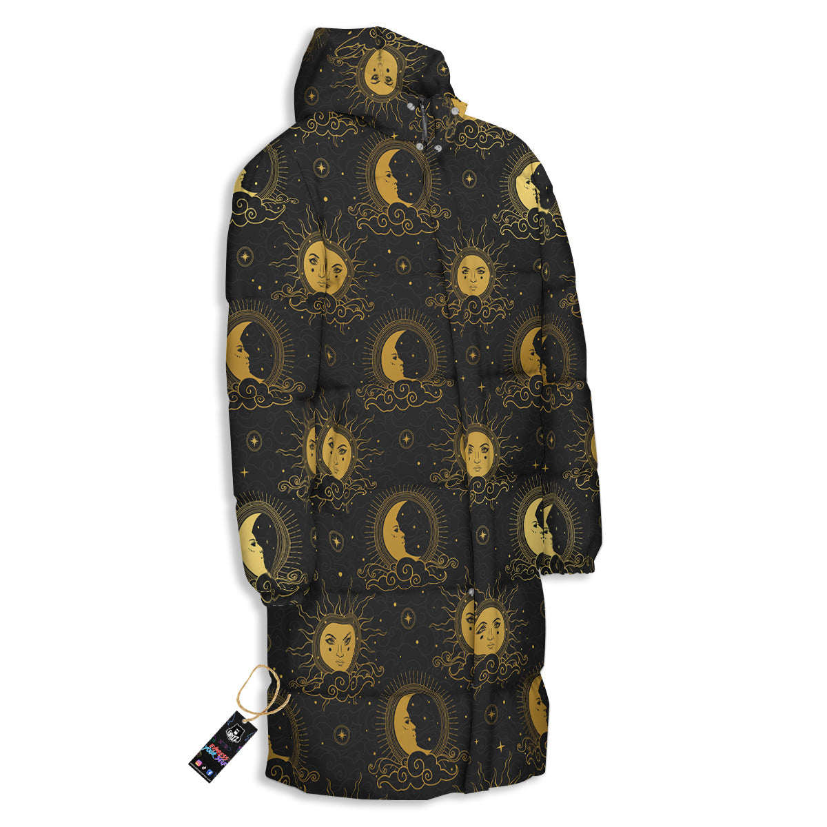 Sun Vintage Print Pattern Long Down Jacket-grizzshop