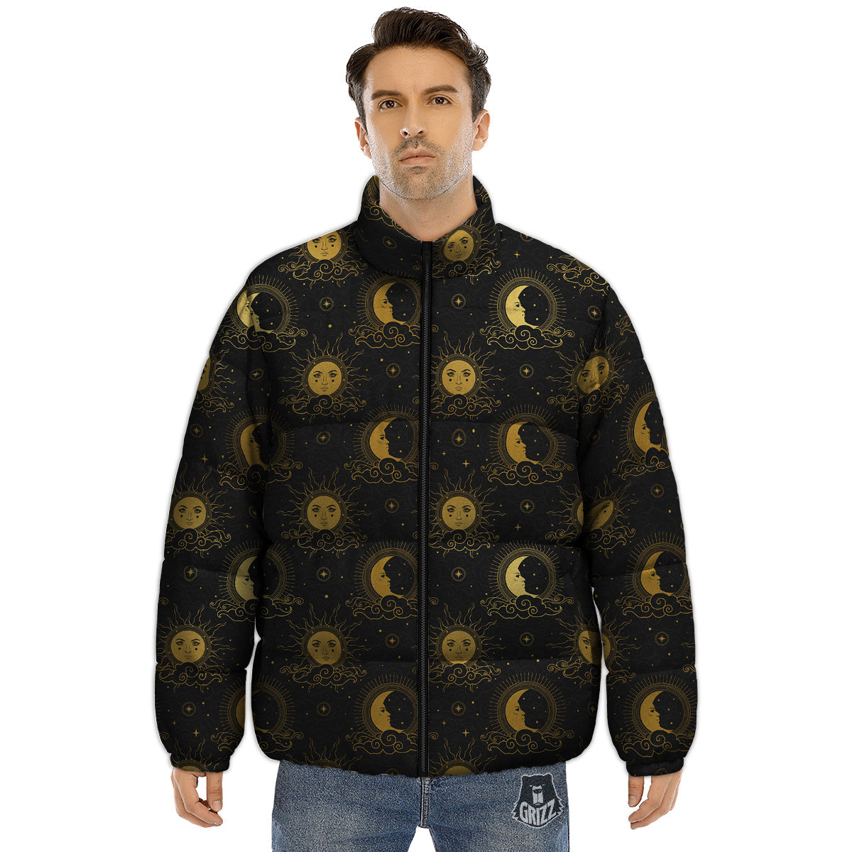 Sun Vintage Print Pattern Puffer Jacket-grizzshop
