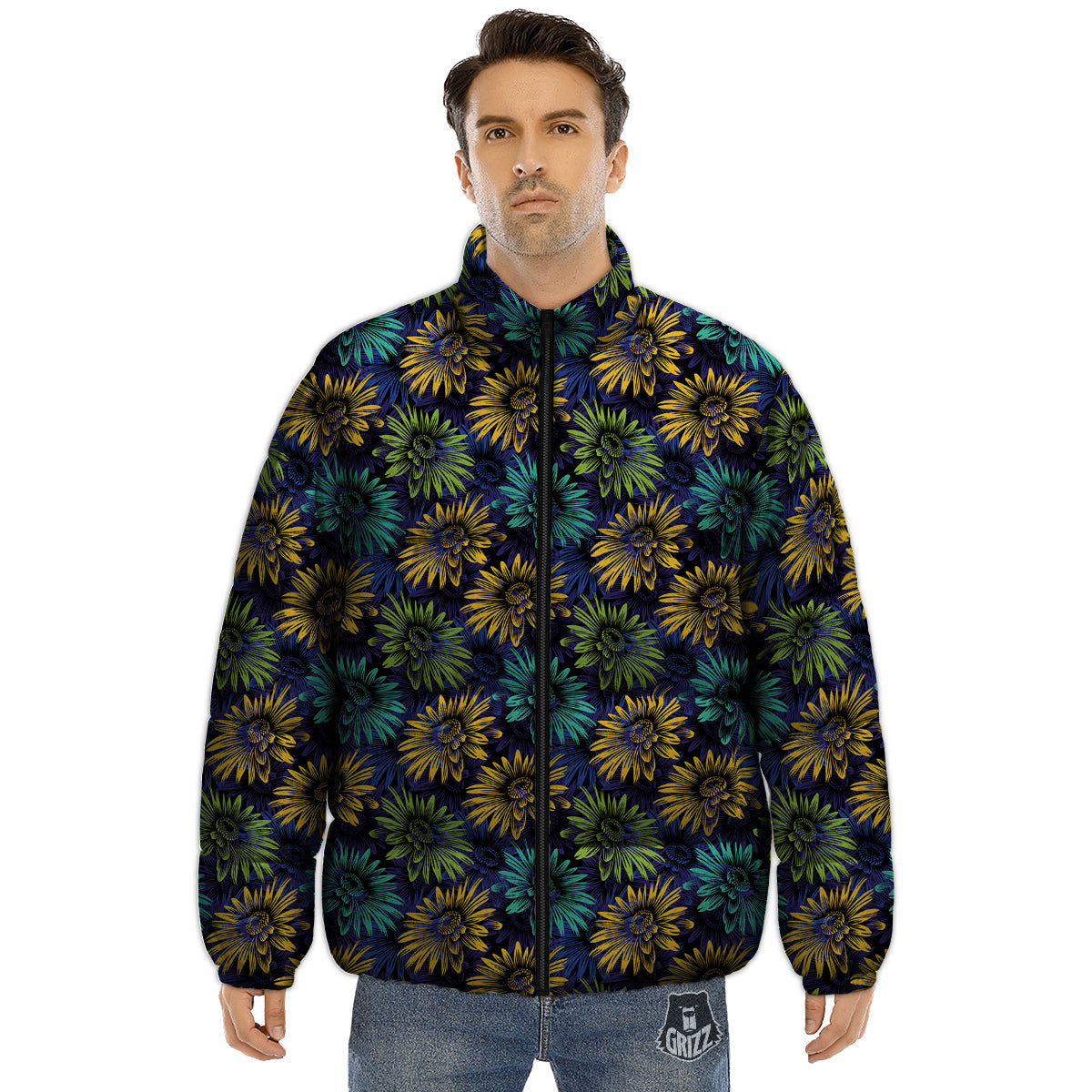 Sunflower Abstract Print Pattern Puffer Jacket-grizzshop