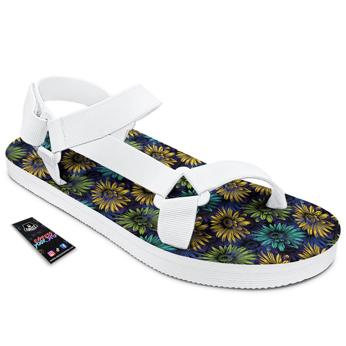 Sunflower Abstract Print Pattern White Open Toe Sandals-grizzshop