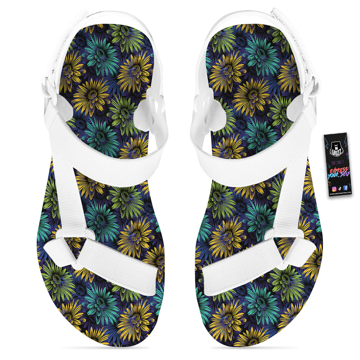 Sunflower Abstract Print Pattern White Open Toe Sandals-grizzshop