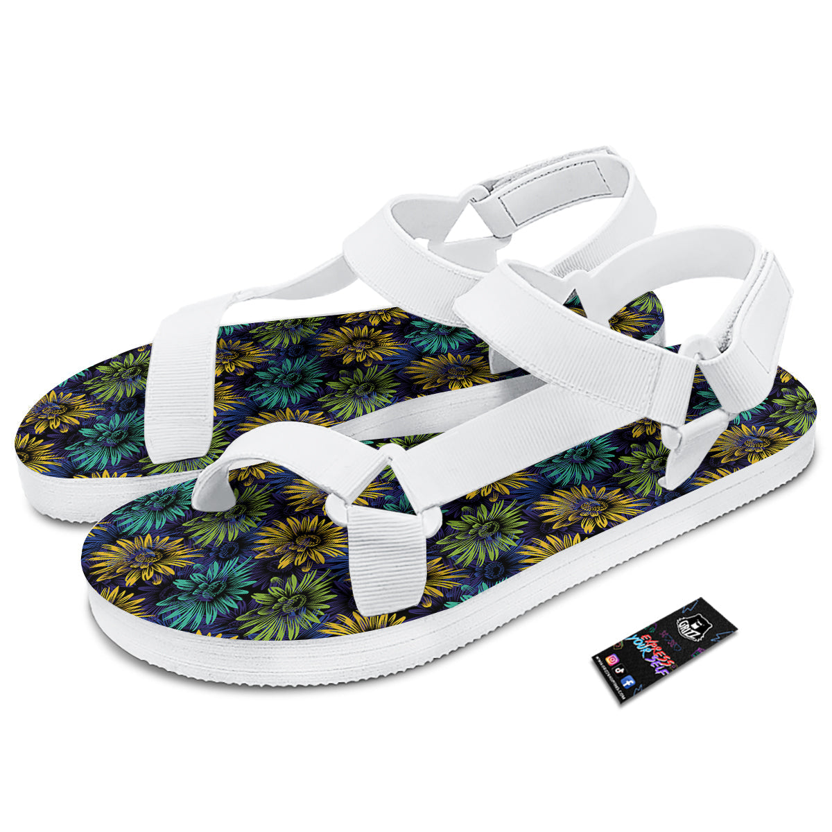 Sunflower Abstract Print Pattern White Open Toe Sandals-grizzshop