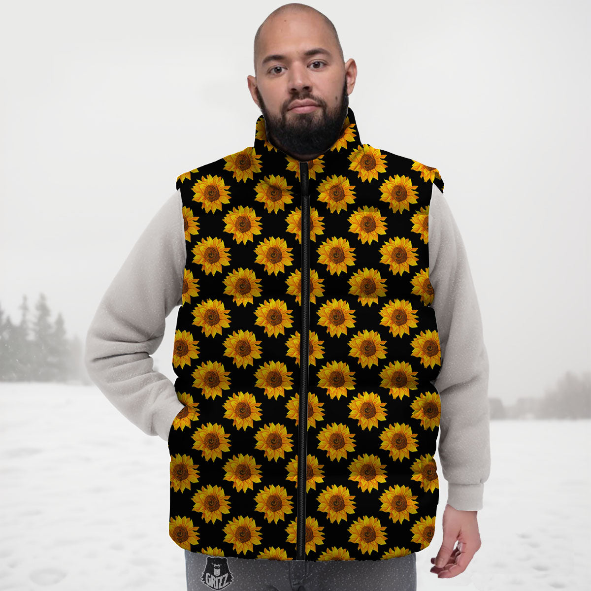 Sunflower Black Autumn Print Pattern Down Vest