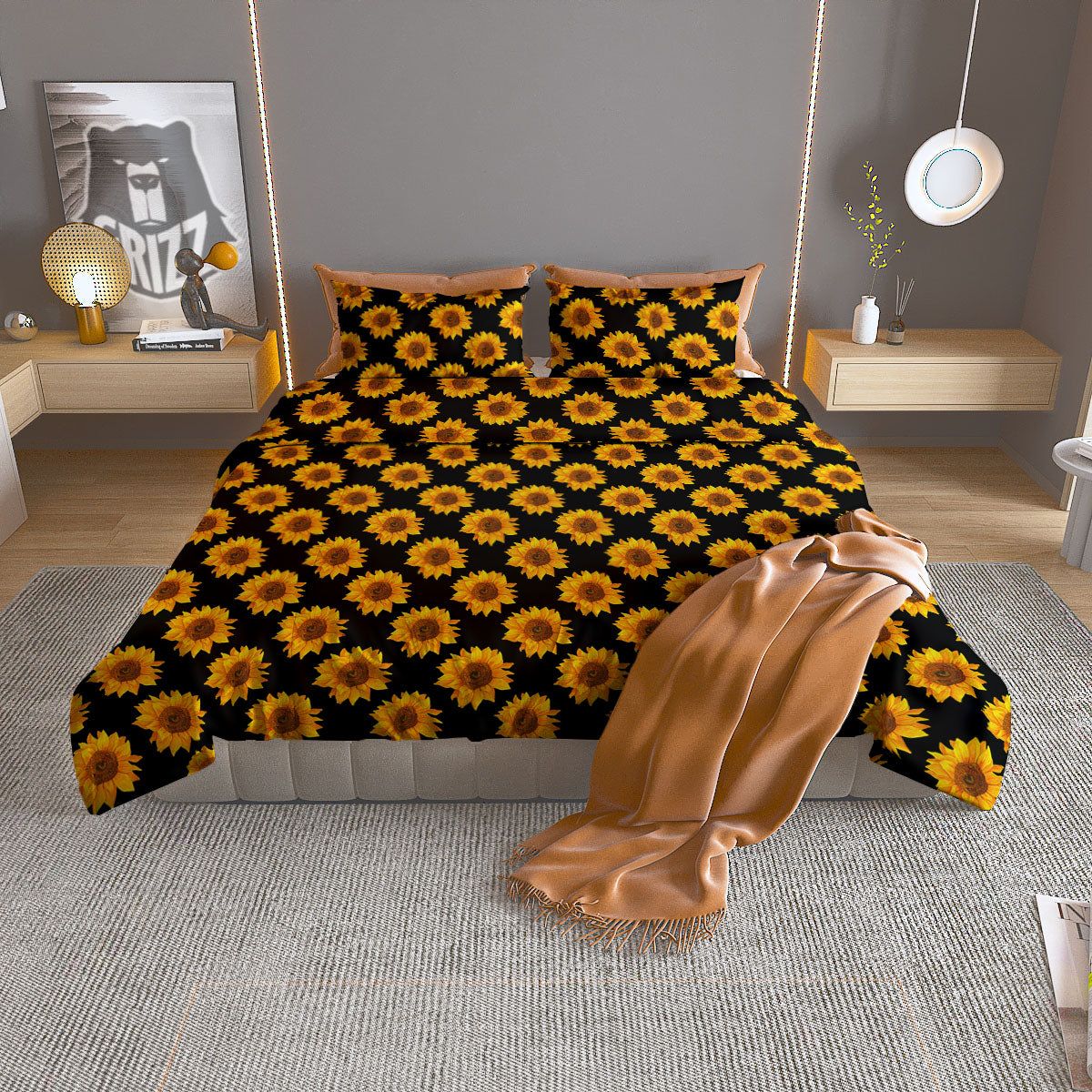 Sunflower Black Autumn Print Pattern Duvet Cover Bedding Set