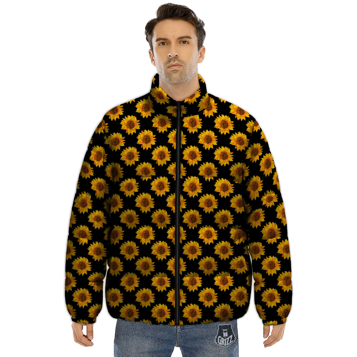 Sunflower Black Autumn Print Pattern Puffer Jacket-grizzshop