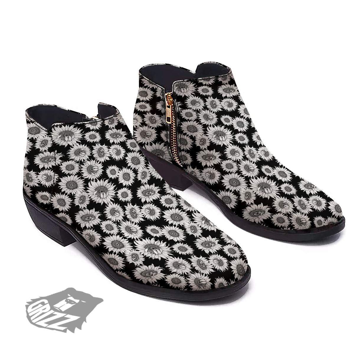 Sunflower Black Print Pattern Ankle Boots-grizzshop