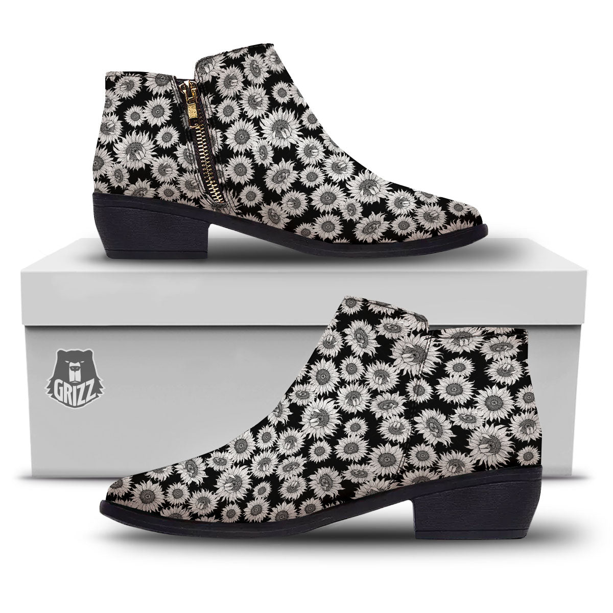 Sunflower Black Print Pattern Ankle Boots-grizzshop