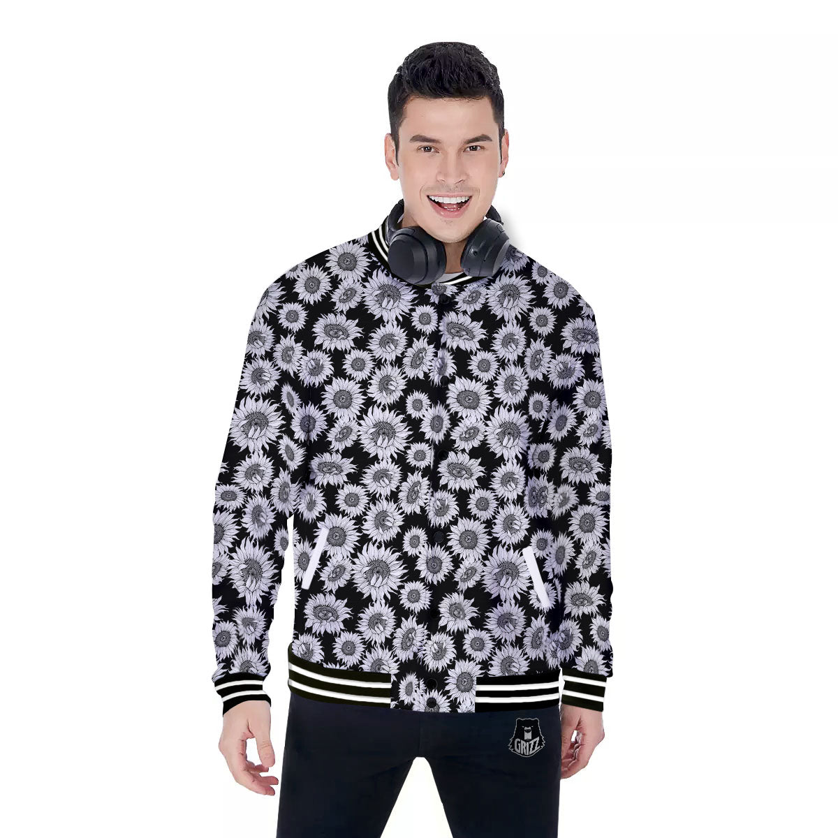Sunflower Black Print Pattern Baseball Jacket-grizzshop