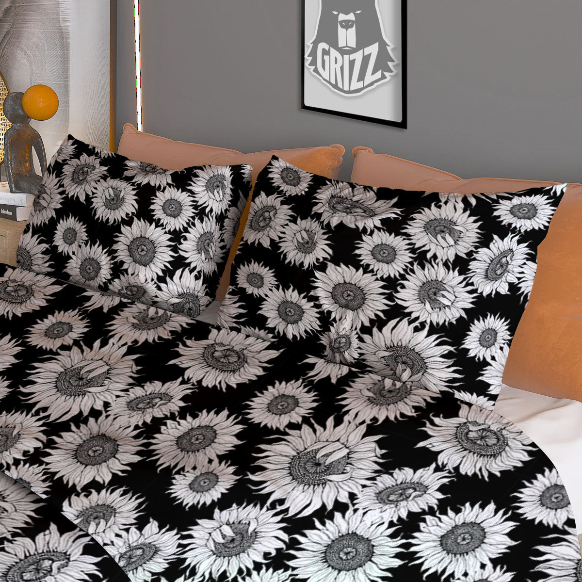 Sunflower Black Print Pattern Duvet Cover Bedding Set-grizzshop