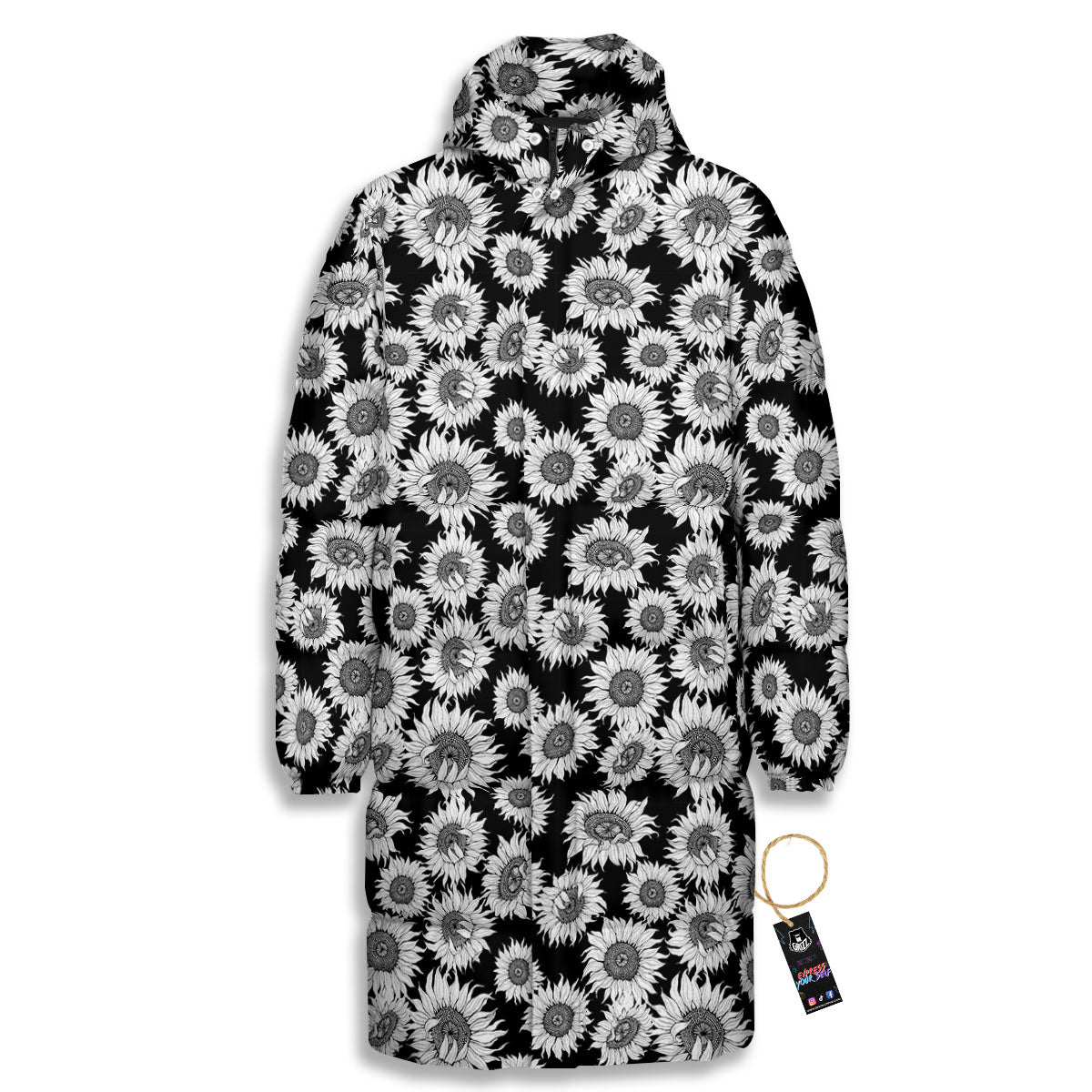 Sunflower Black Print Pattern Long Down Jacket-grizzshop