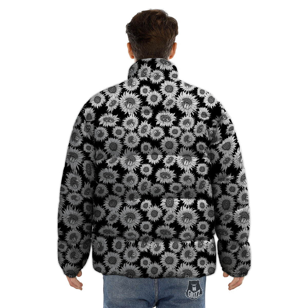 Sunflower Black Print Pattern Puffer Jacket-grizzshop