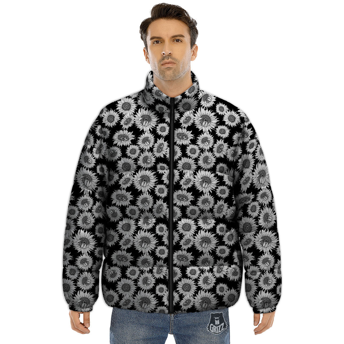 Sunflower Black Print Pattern Puffer Jacket-grizzshop