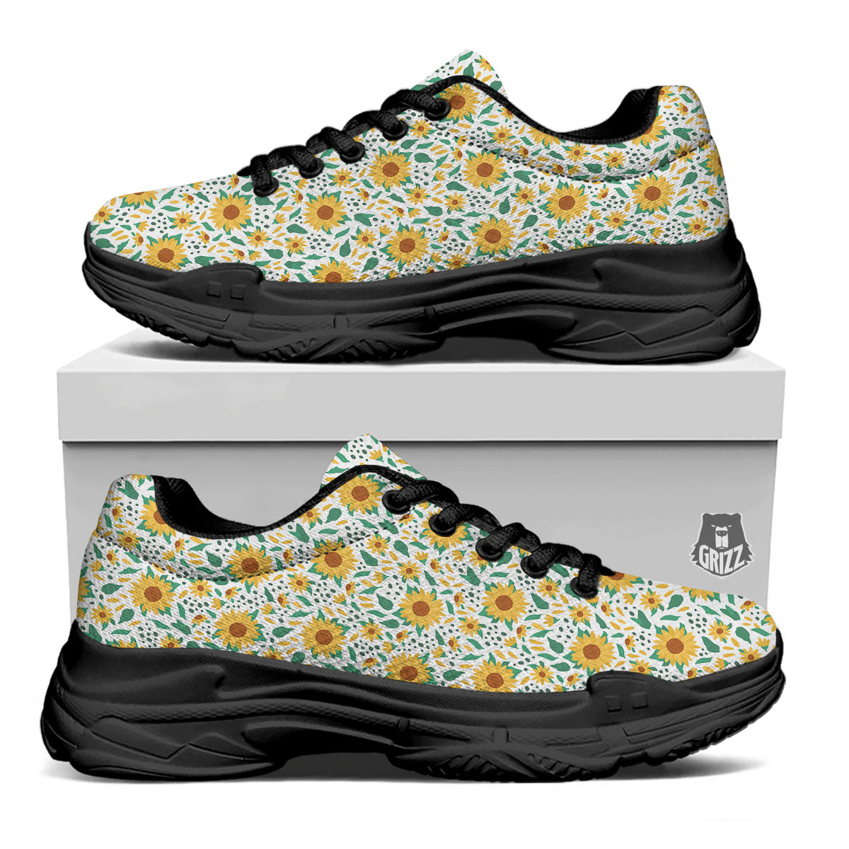 Sunflower Blooming Print Pattern Black Chunky Shoes-grizzshop