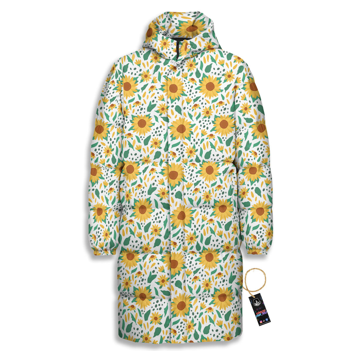 Sunflower Blooming Print Pattern Long Down Jacket-grizzshop