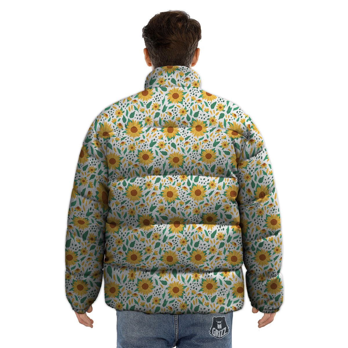 Sunflower Blooming Print Pattern Puffer Jacket-grizzshop