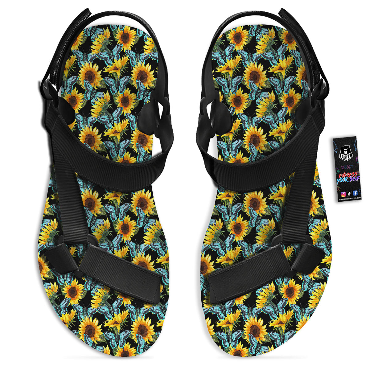 Sunflower Blue Butterfly Print Pattern Black Open Toe Sandals-grizzshop