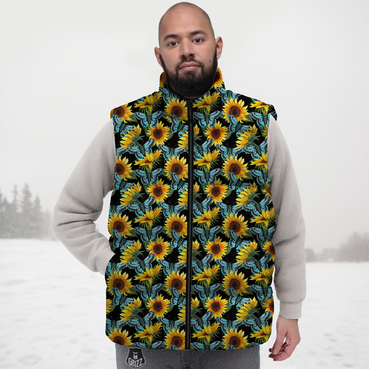 Sunflower Blue Butterfly Print Pattern Down Vest-grizzshop