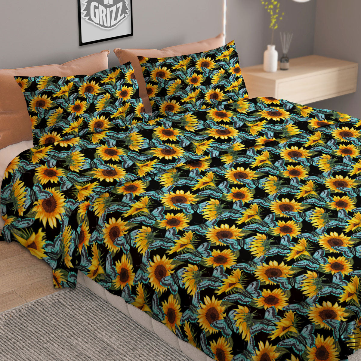 Sunflower Blue Butterfly Print Pattern Duvet Cover Bedding Set-grizzshop