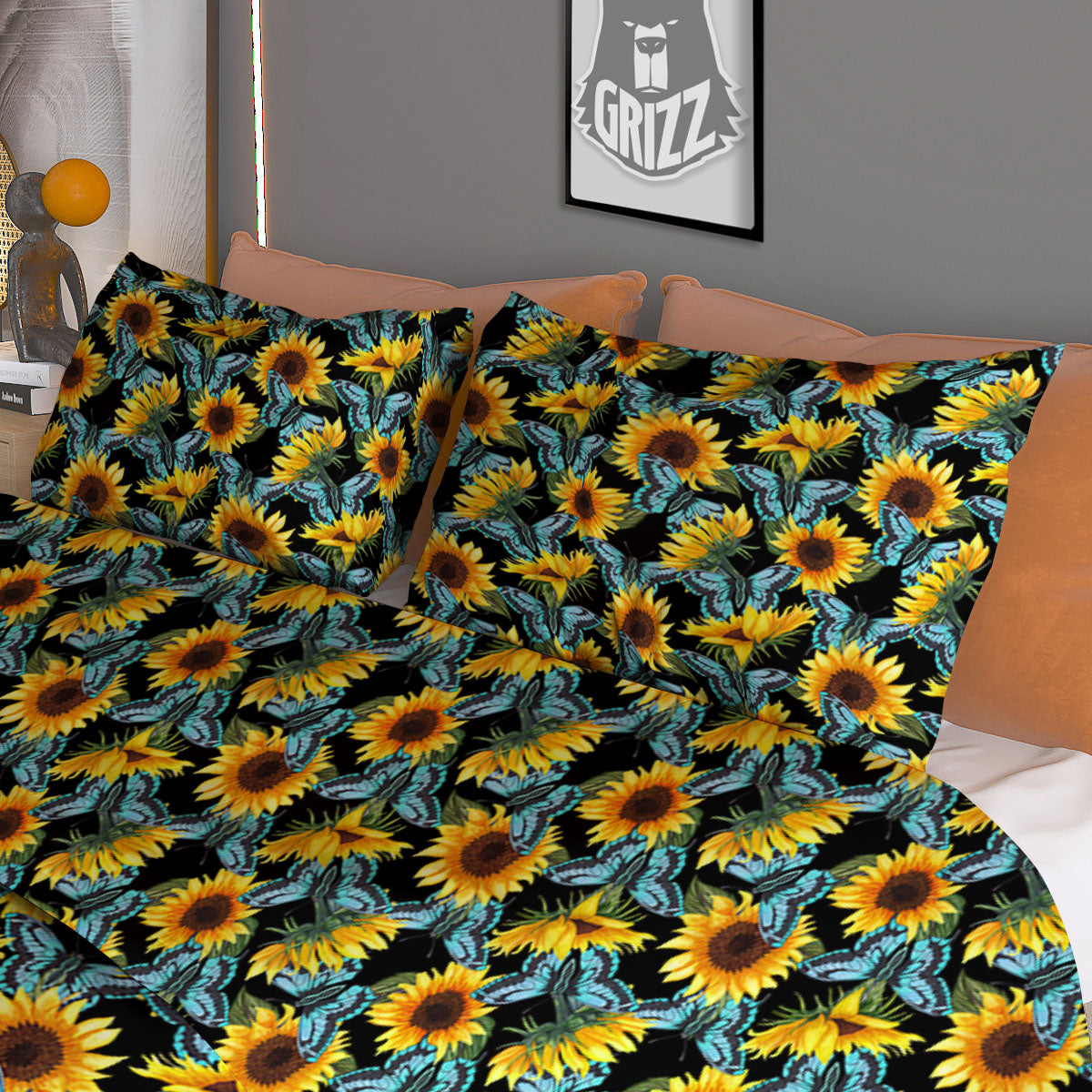 Sunflower Blue Butterfly Print Pattern Duvet Cover Bedding Set-grizzshop